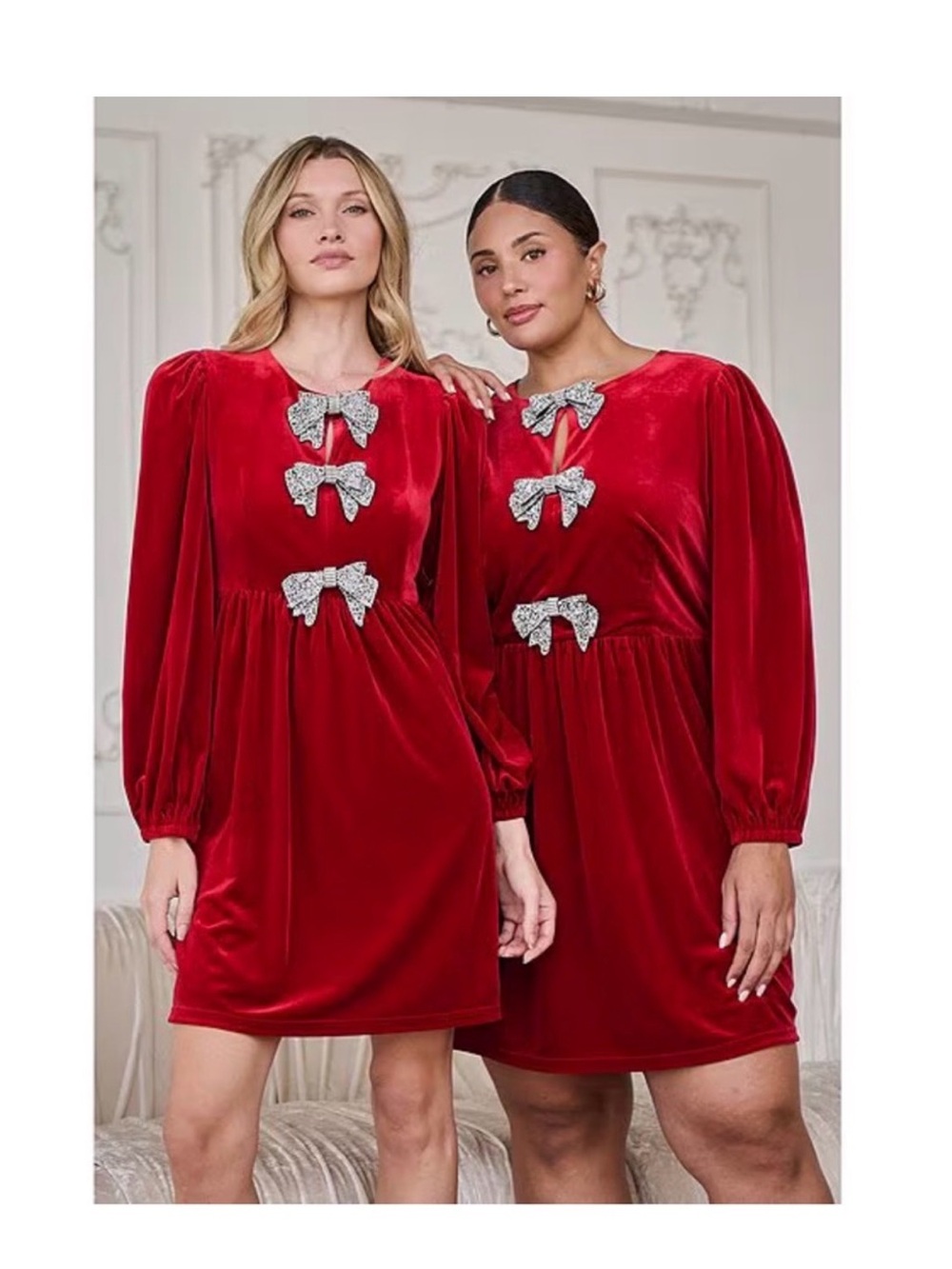 Sugarlips Red Velvet Long Sleeve Dress with Sparkle Bow Accents